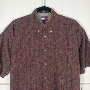 Vintage Tommy Hilfiger Button Down Shirt Mens M Red Paisley Medallion Maroon